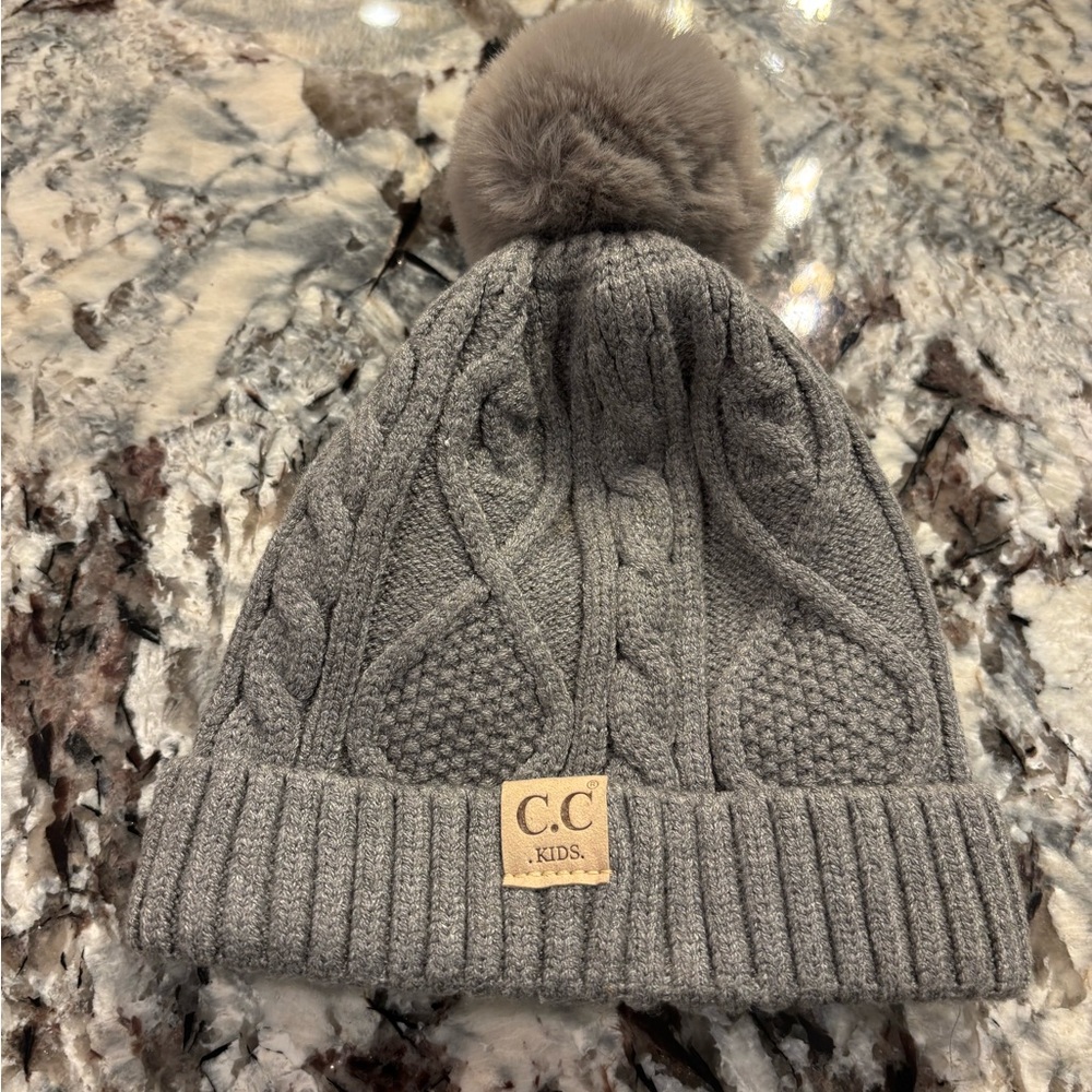 C.C Kids Gray Cable Knit lined Pom-Pom Hat